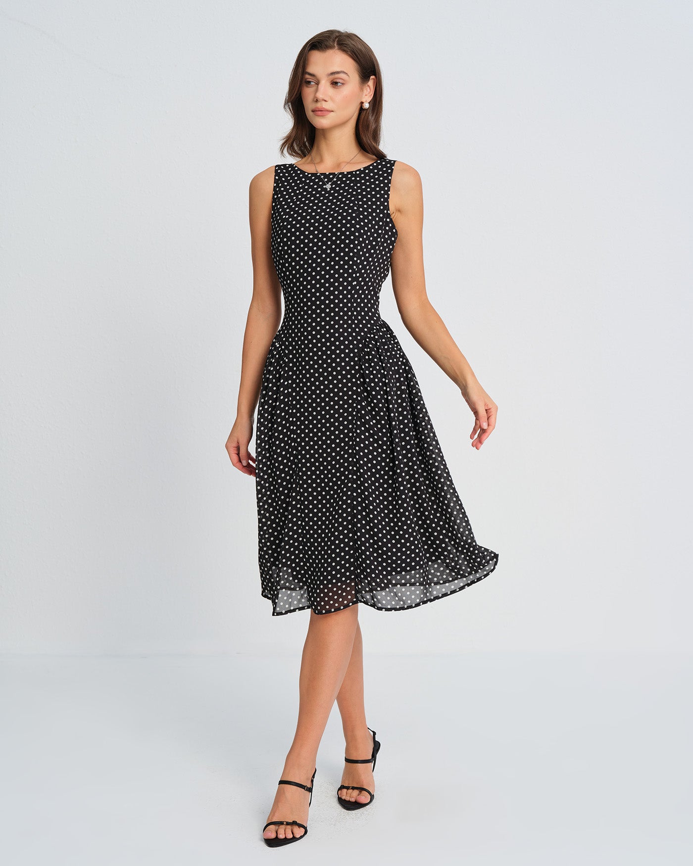 Black Polka Dot Chiffon Midi Dress