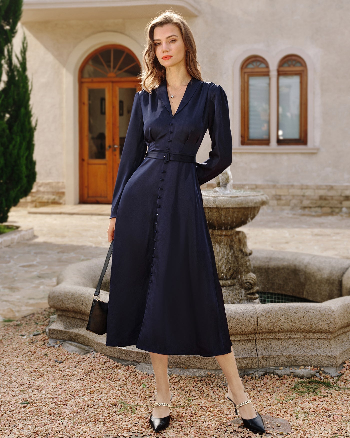 Navy Collar Satin Midi Dress