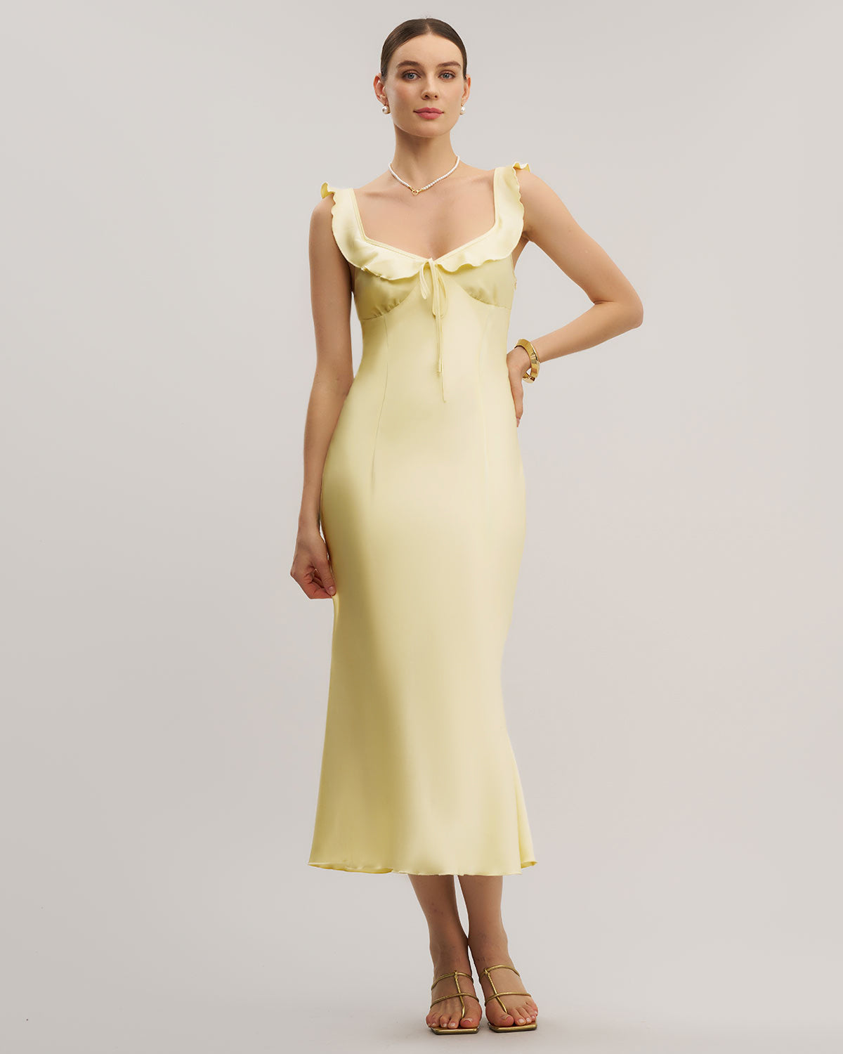 Yellow V Neck Ruffle Mermaid Midi Dress