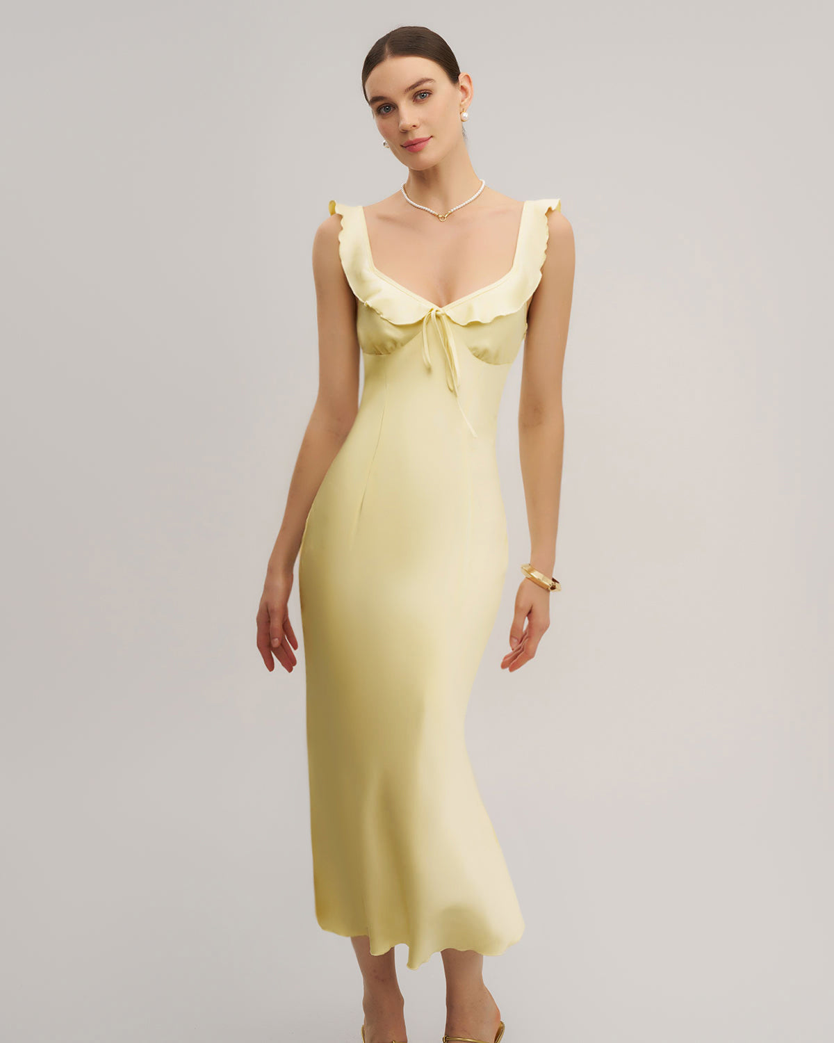 Yellow V Neck Ruffle Mermaid Midi Dress