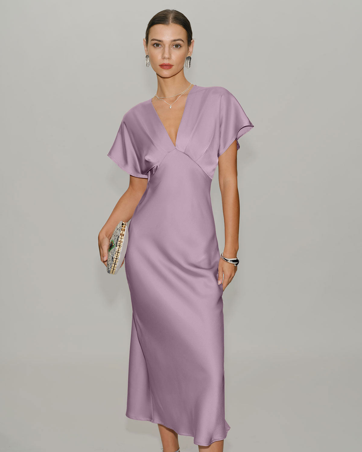 Pink Satin Cowl Sleeve Midi Dress
