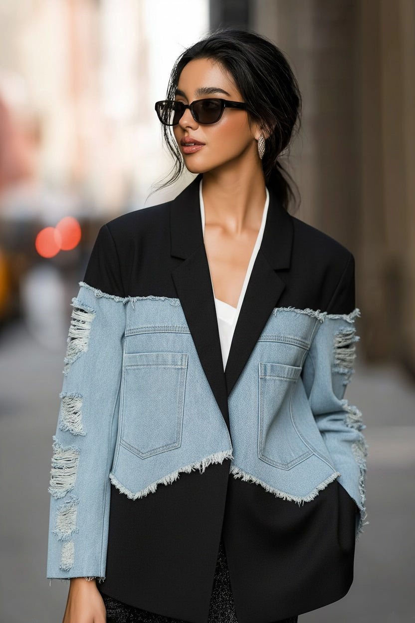 Black And Denim Contrast Blazer With Distressed Detailing