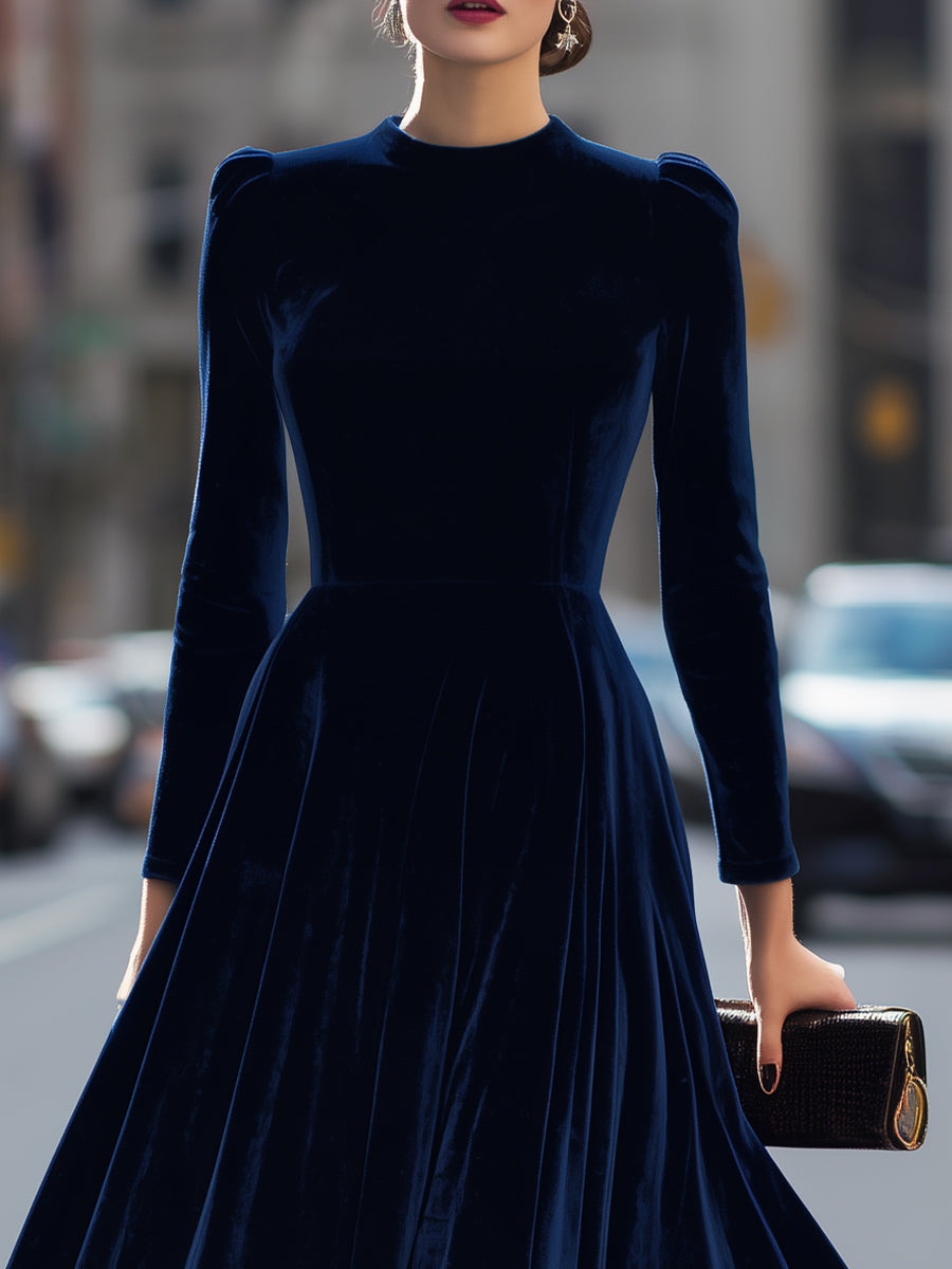 Luxurious Navy Blue Velvet Long-Sleeve Midi Dress