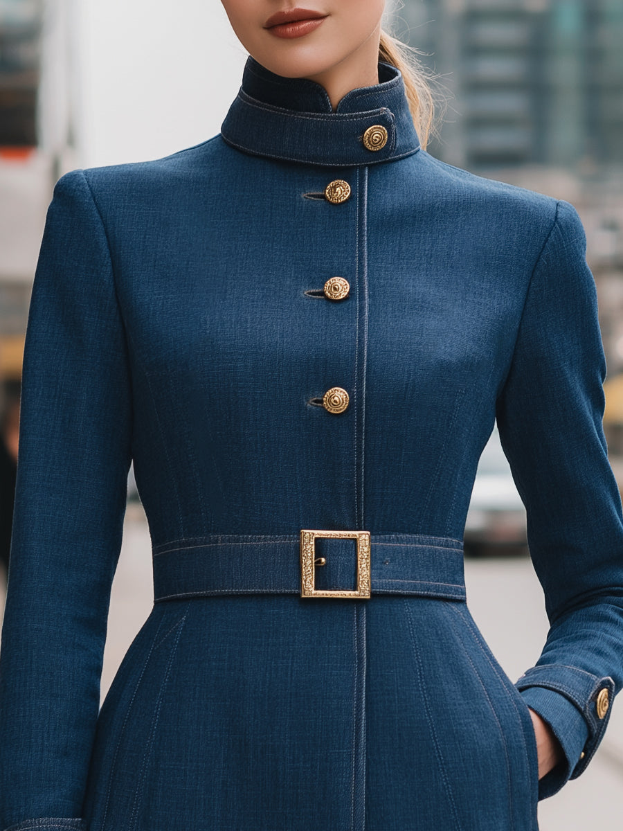 Denim Belted Jacket With Gold-Tone Buttons