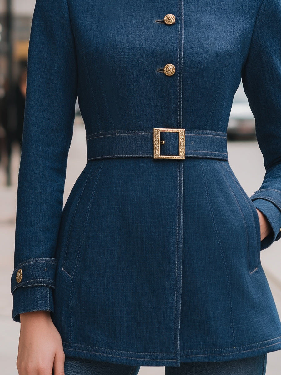 Denim Belted Jacket With Gold-Tone Buttons
