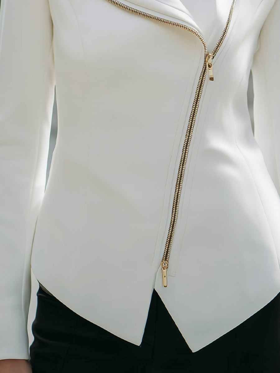 Mooyius Elegant White Asymmetric Zip Jacket