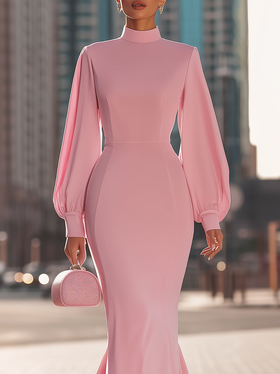 Elegant Blush Pink High-Neck Mermaid Gown With Balloon Sleeves