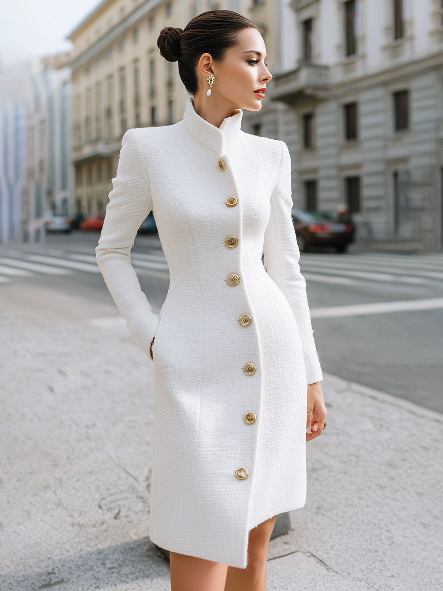 Regal Elegance White High-Neck Button Dress
