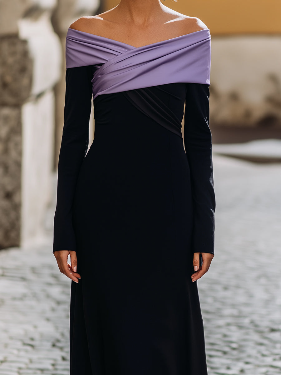 Midnight Noir Gown With Lilac Off-Shoulder Draping