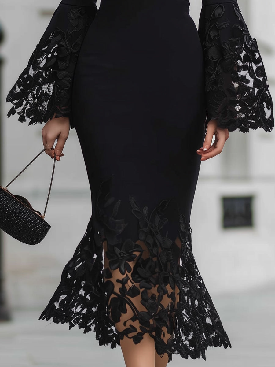 Black Deep V - Neck Lace - Trimmed Midi Dress