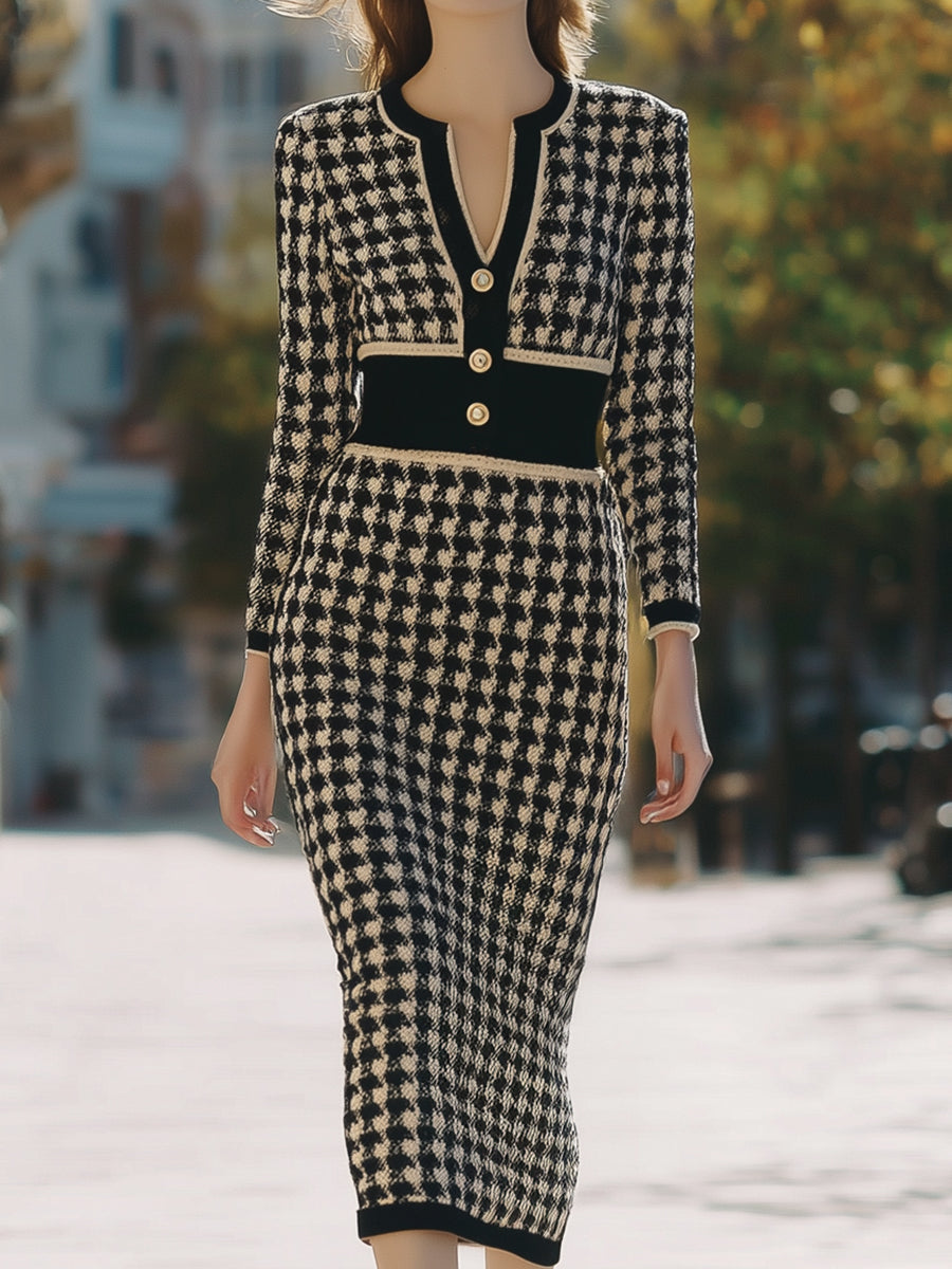 Houndstooth Knit Dress With Gold Buttons