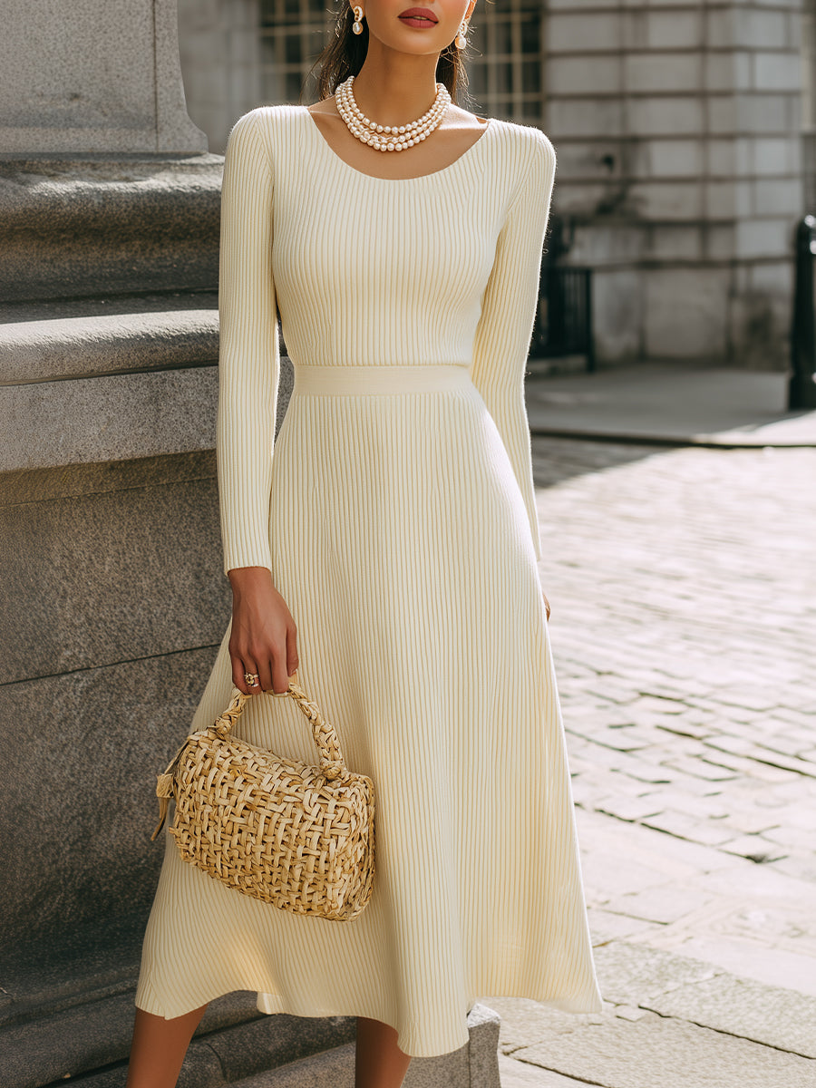 Ivory Ribbed Knit Midi Dress