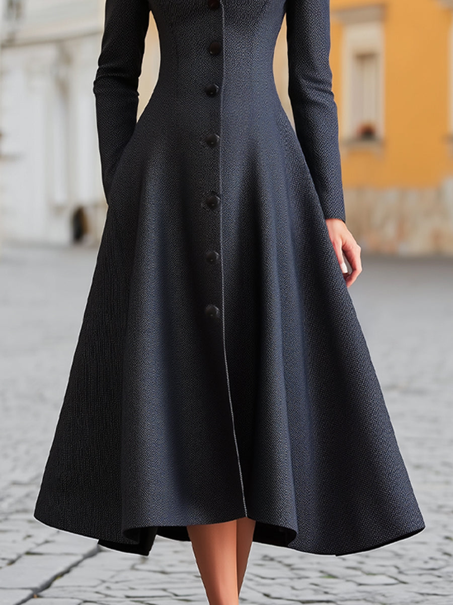 Midnight Elegance Tailored Flare Coat Dress
