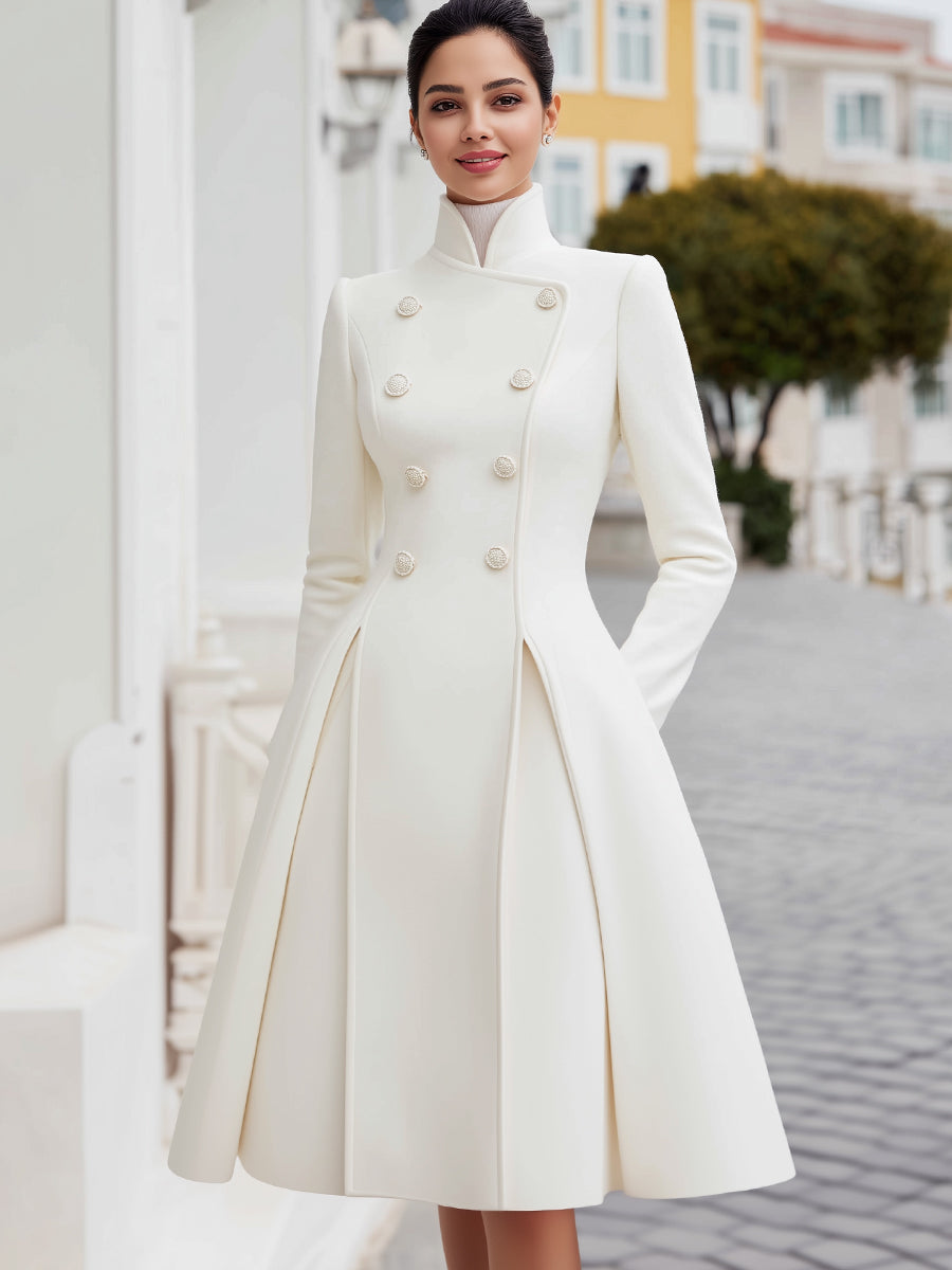 Elegant Double-Breasted Flared A-Line Coat Dress