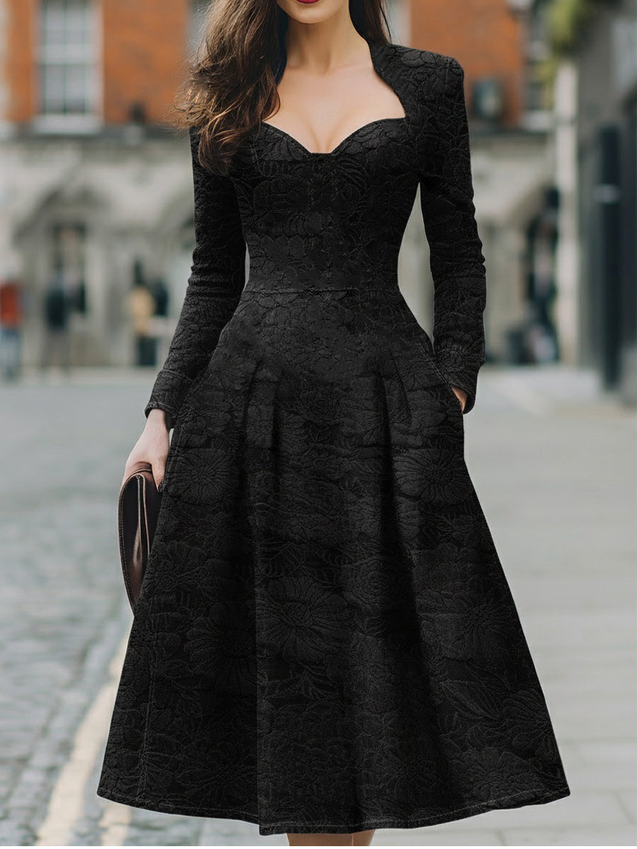 Elegant Black Jacquard Midi Dress