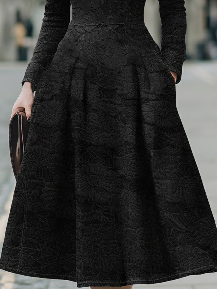 Elegant Black Jacquard Midi Dress