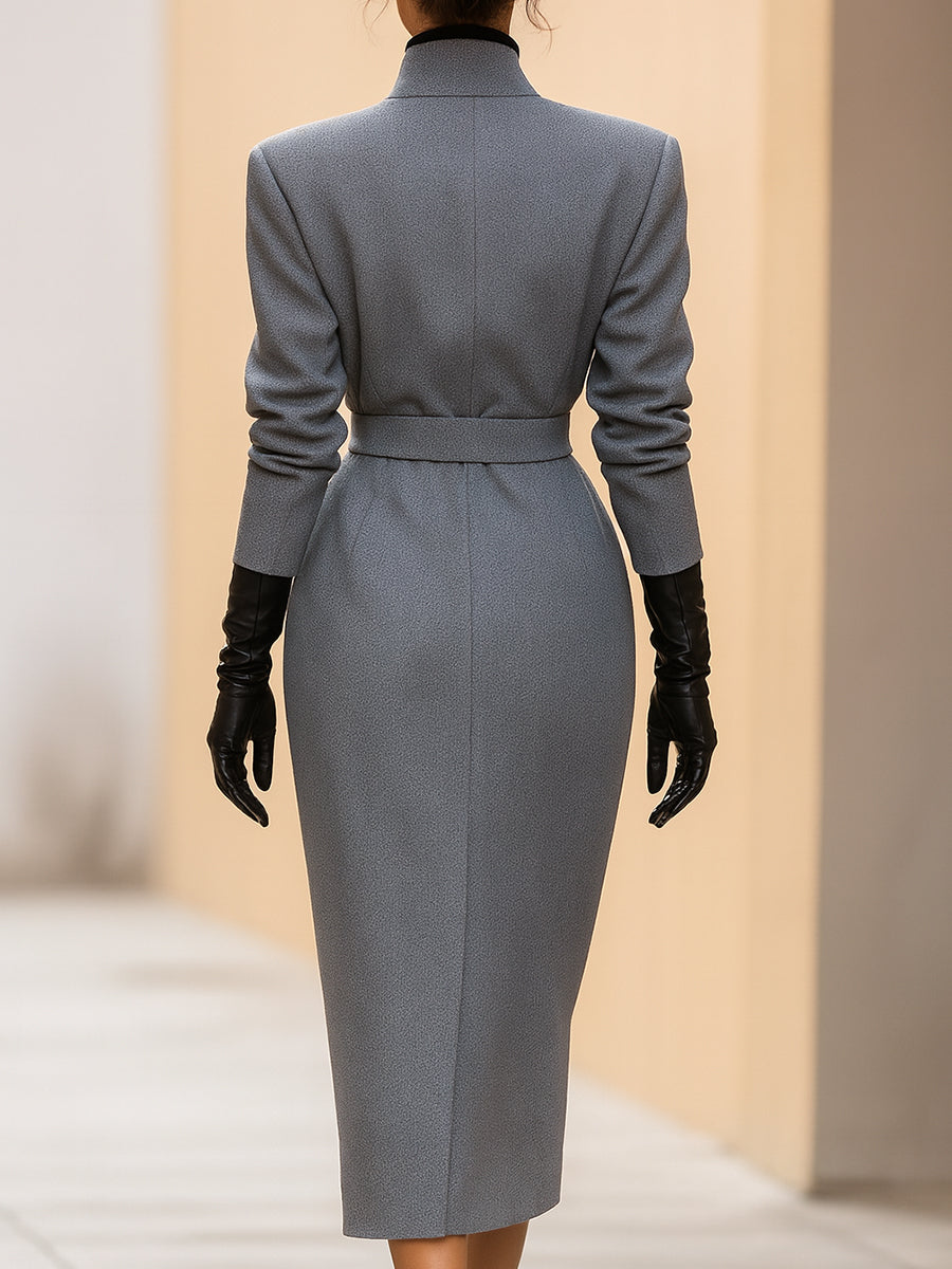 Elegant Grey Belted Wrap Dress