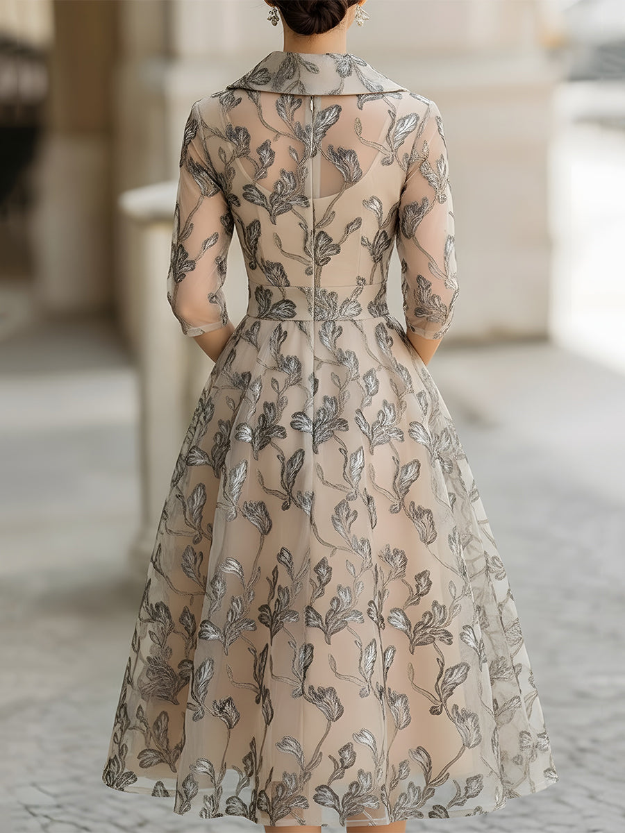 Mooyius Embroidered Mesh Midi Dress With Metallic Leaf Motif