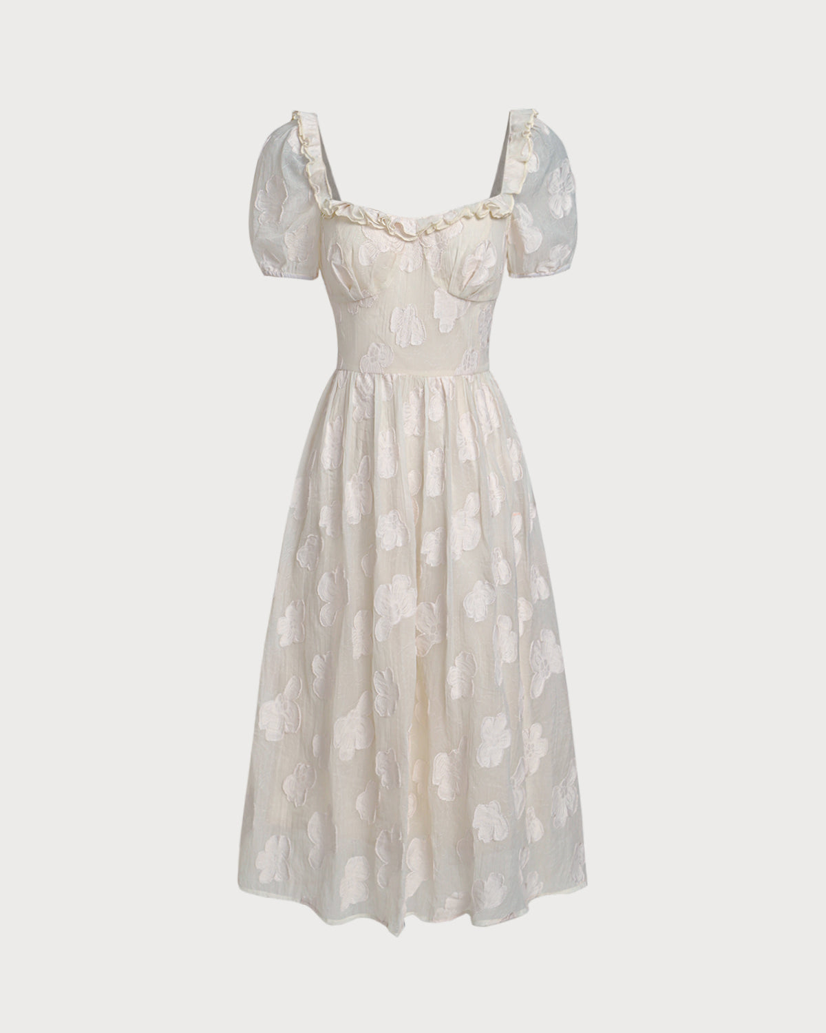 Beige Square Neck Puffed Sleeve Midi Dress