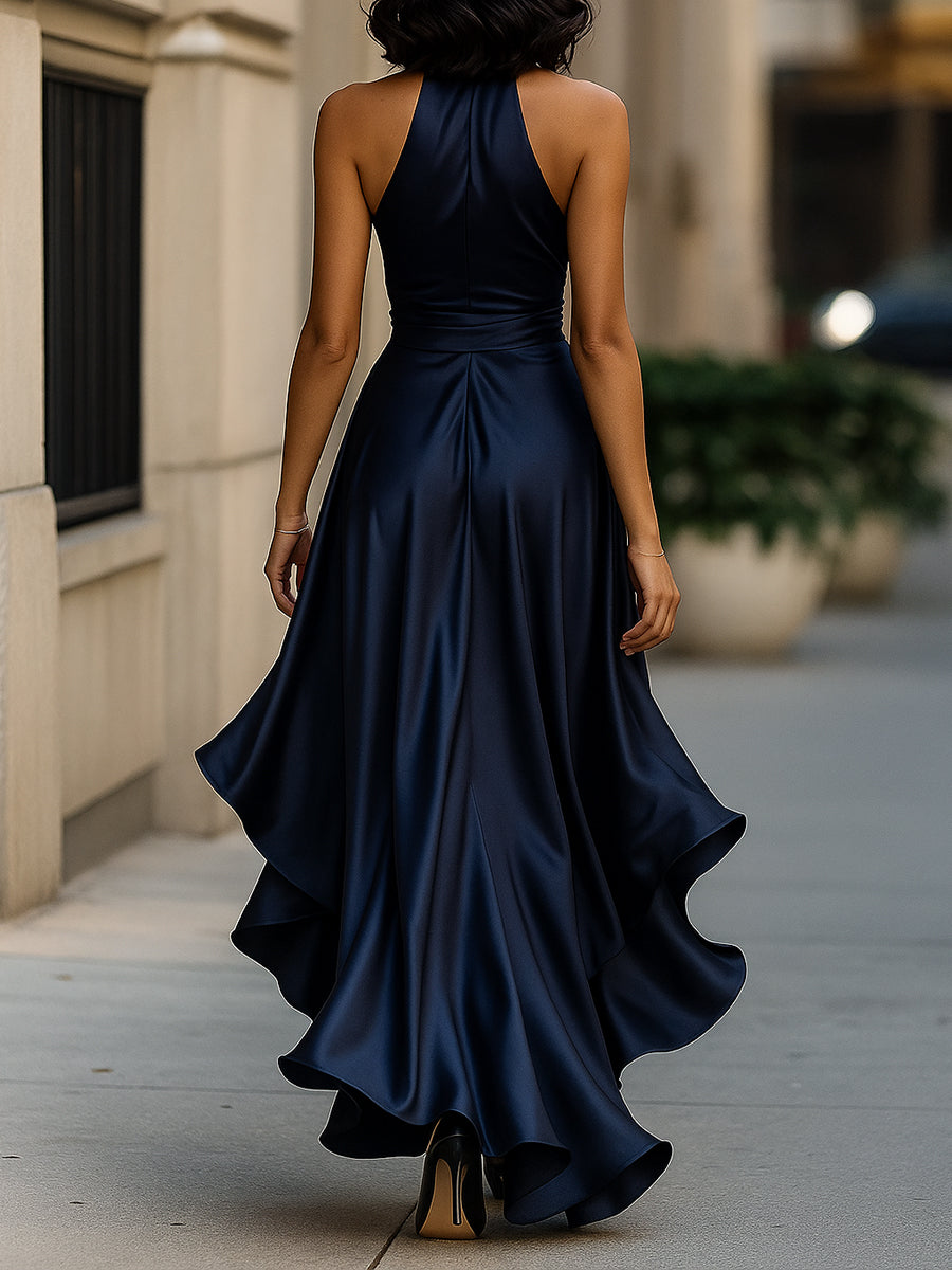 Midnight Elegance Satin Halter Ruffle Gown