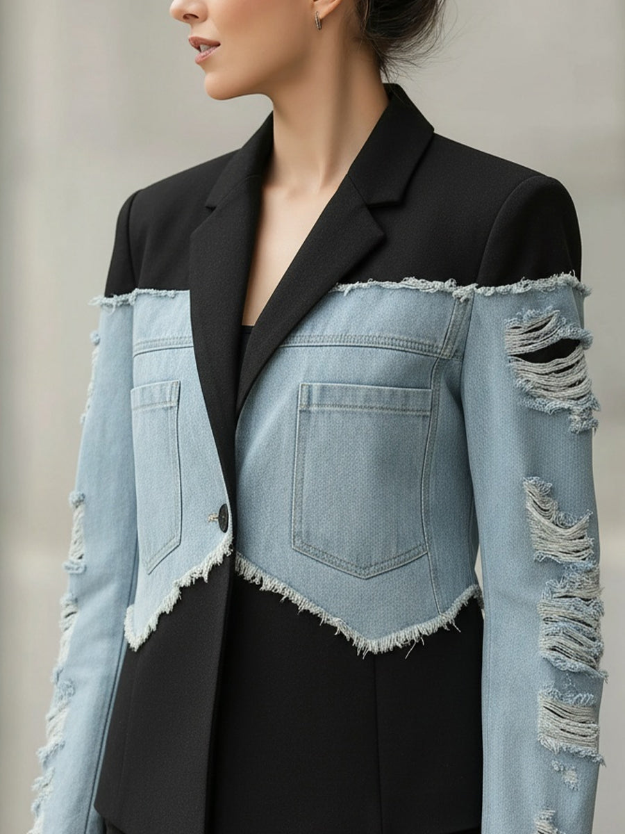 Black And Denim Contrast Blazer With Distressed Detailing