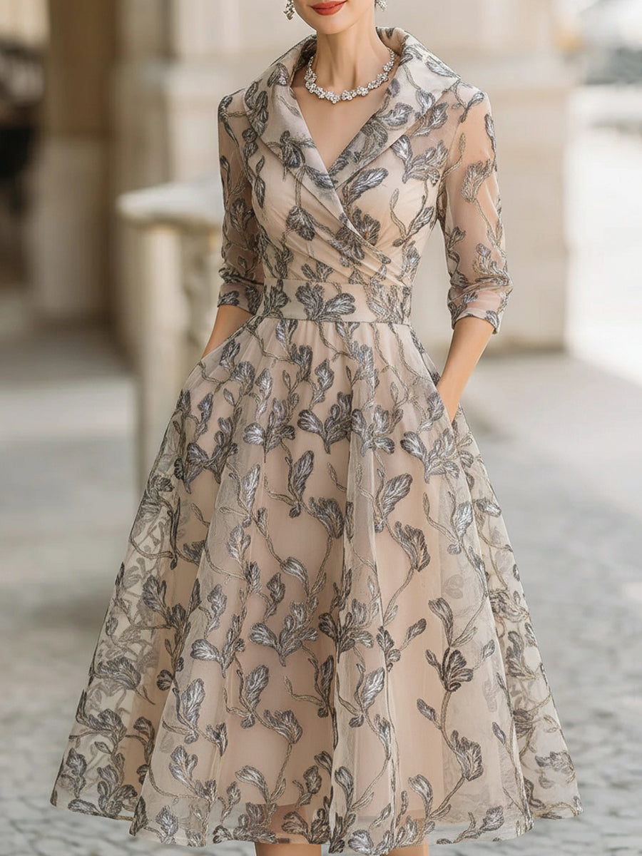 Mooyius Embroidered Mesh Midi Dress With Metallic Leaf Motif