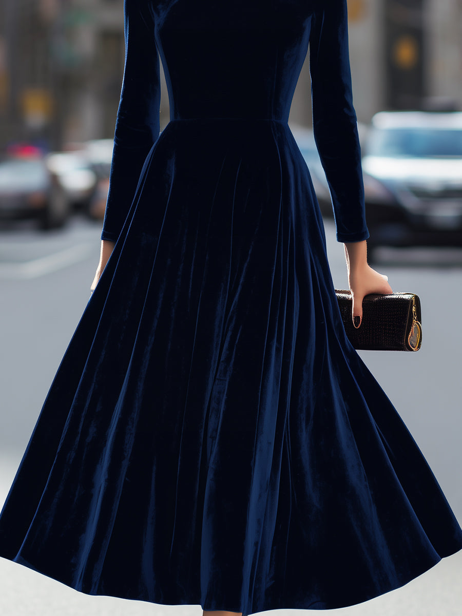 Luxurious Navy Blue Velvet Long-Sleeve Midi Dress