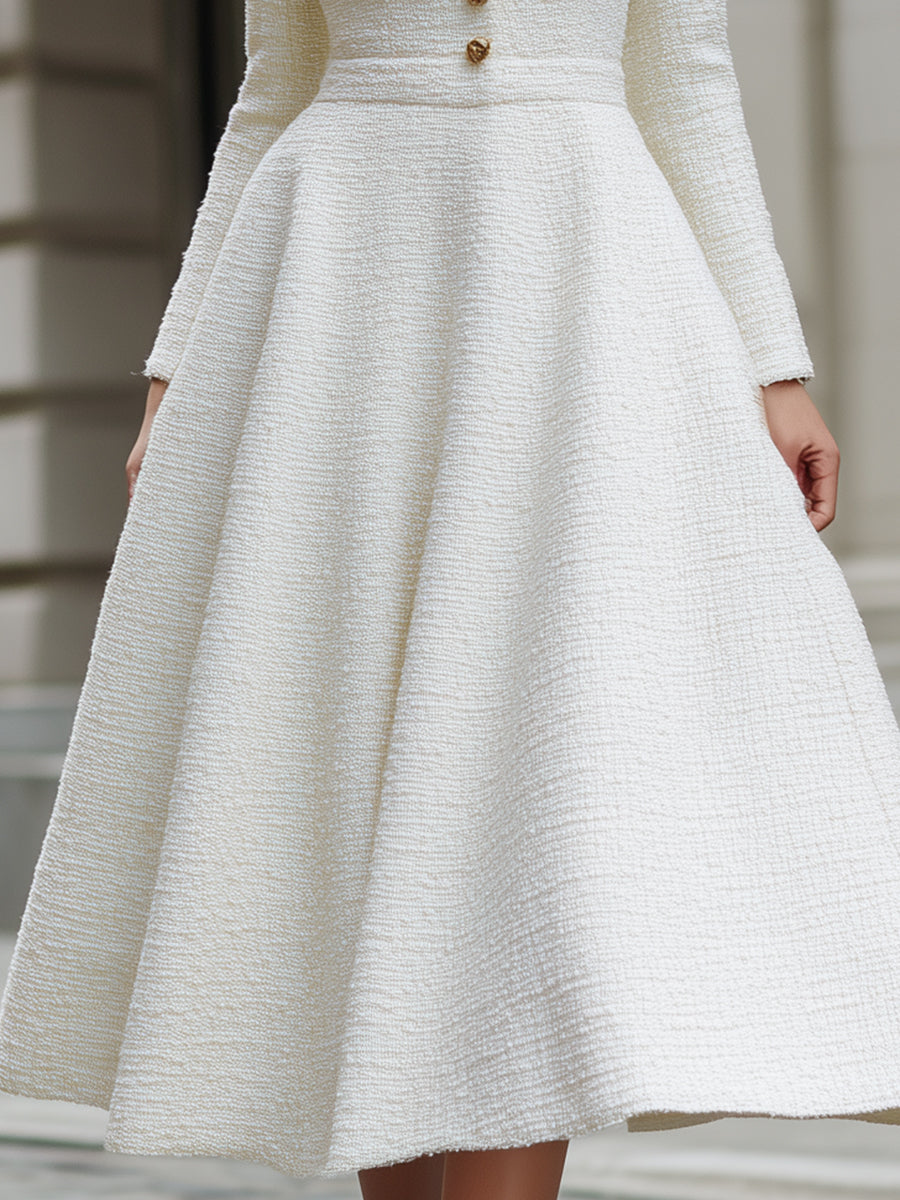 Ivory Tweed Square Neck Midi Dress