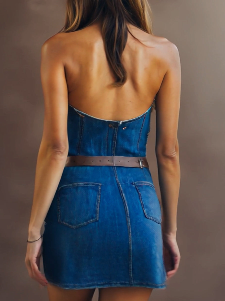 Vibrant Blue Halter Denim Mini Dress