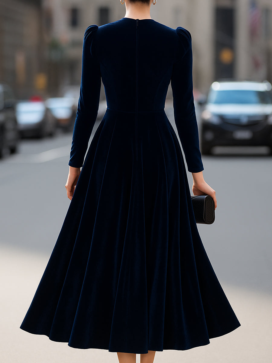 Luxurious Navy Blue Velvet Long-Sleeve Midi Dress