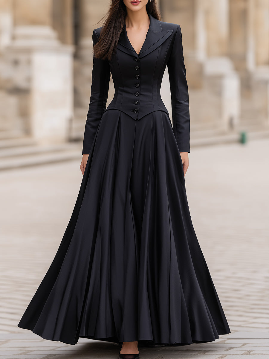 Elegant Tailored Waist Long-Sleeve Maxi Dress