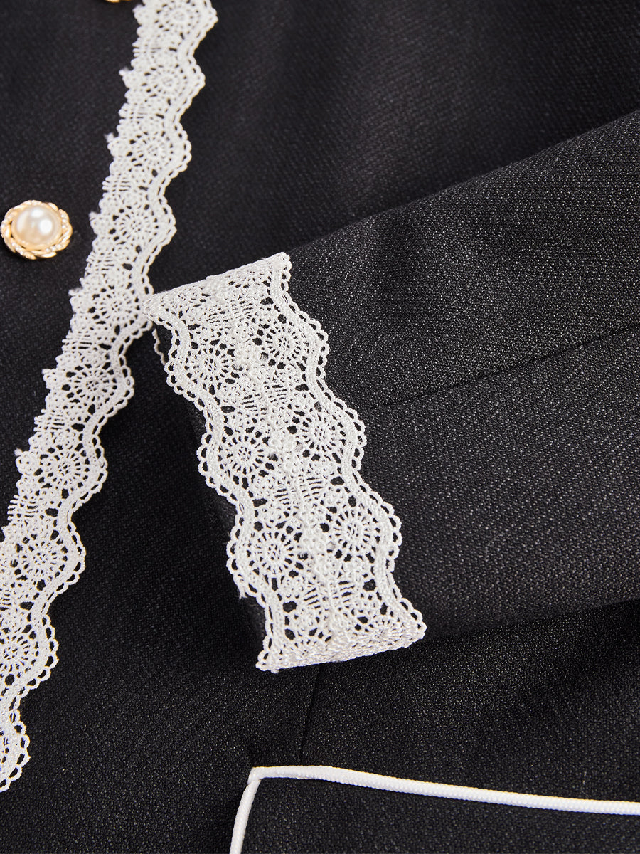 Elegant Pearl Button Blazer With Contrast Lace Trim
