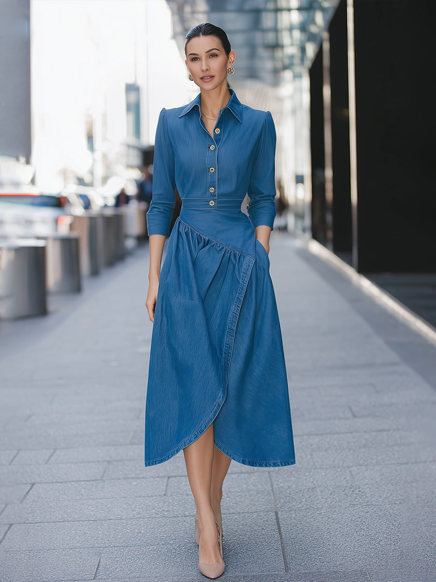 Blue Button-Front Midi Dress With Wrap Skirt