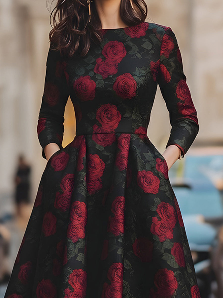 Elegant Jacquard Rose Print Midi Dress