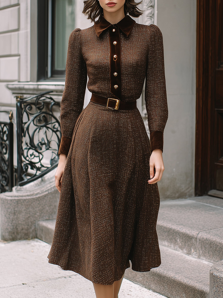Chocolate Brown Belted Midi Dress With Velvet Accents
