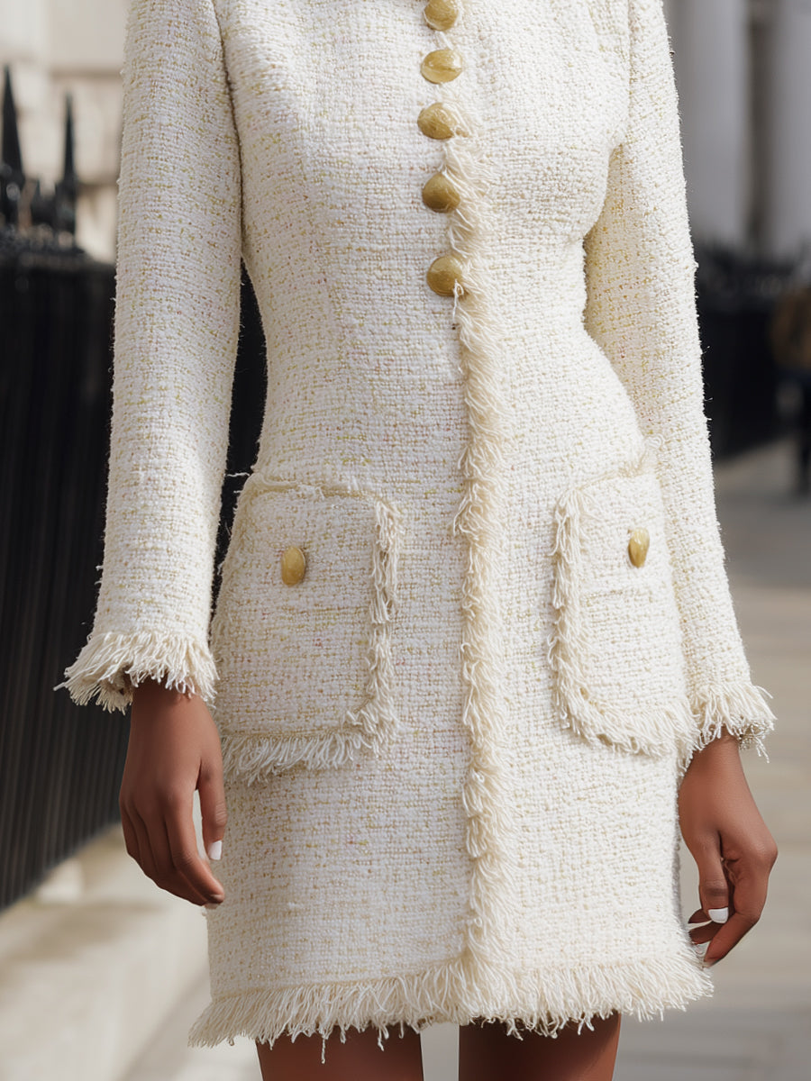 Elegant Tweed Fringe-Trimmed Buttoned Dress