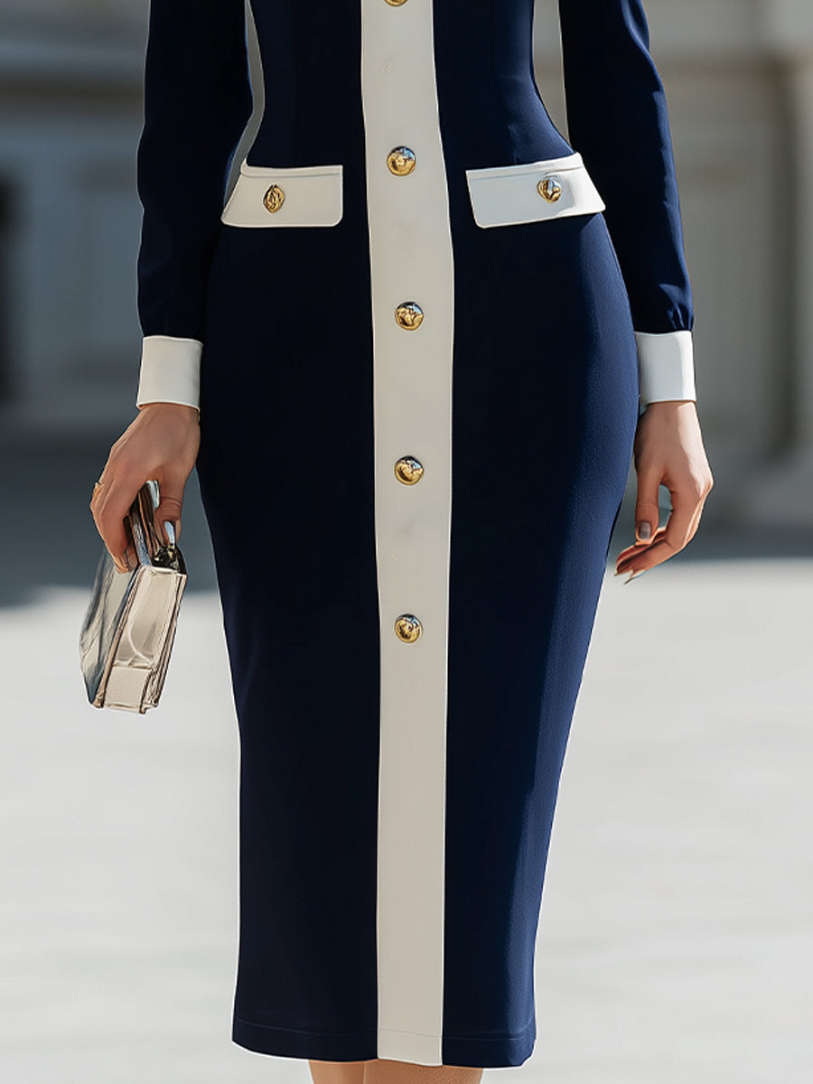 Elegant Navy & White Contrast Button-Up Midi Dress