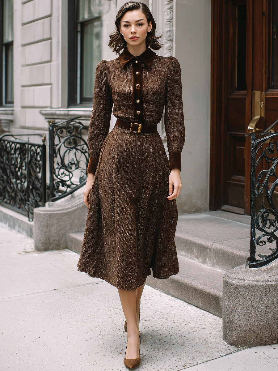Chocolate Brown Belted Midi Dress With Velvet Accents