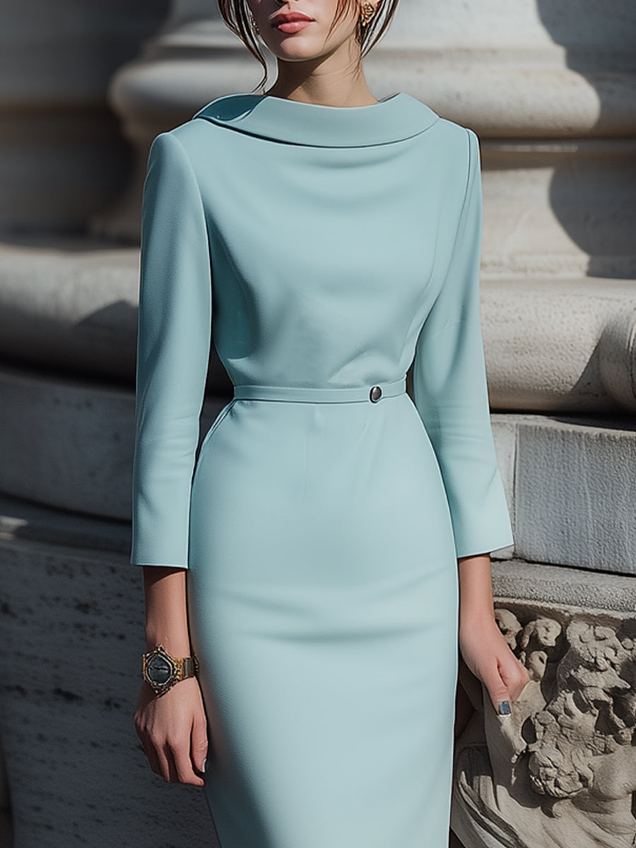 Draped Collar Pencil Midi Dress In Powder Blue