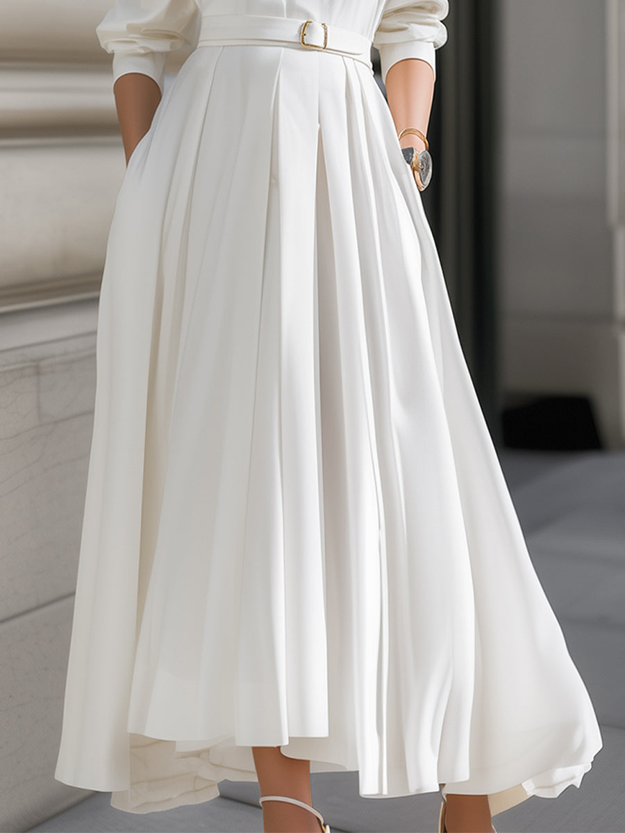 Elegant Plain Belted Shirt Dress With Pleated Skirt