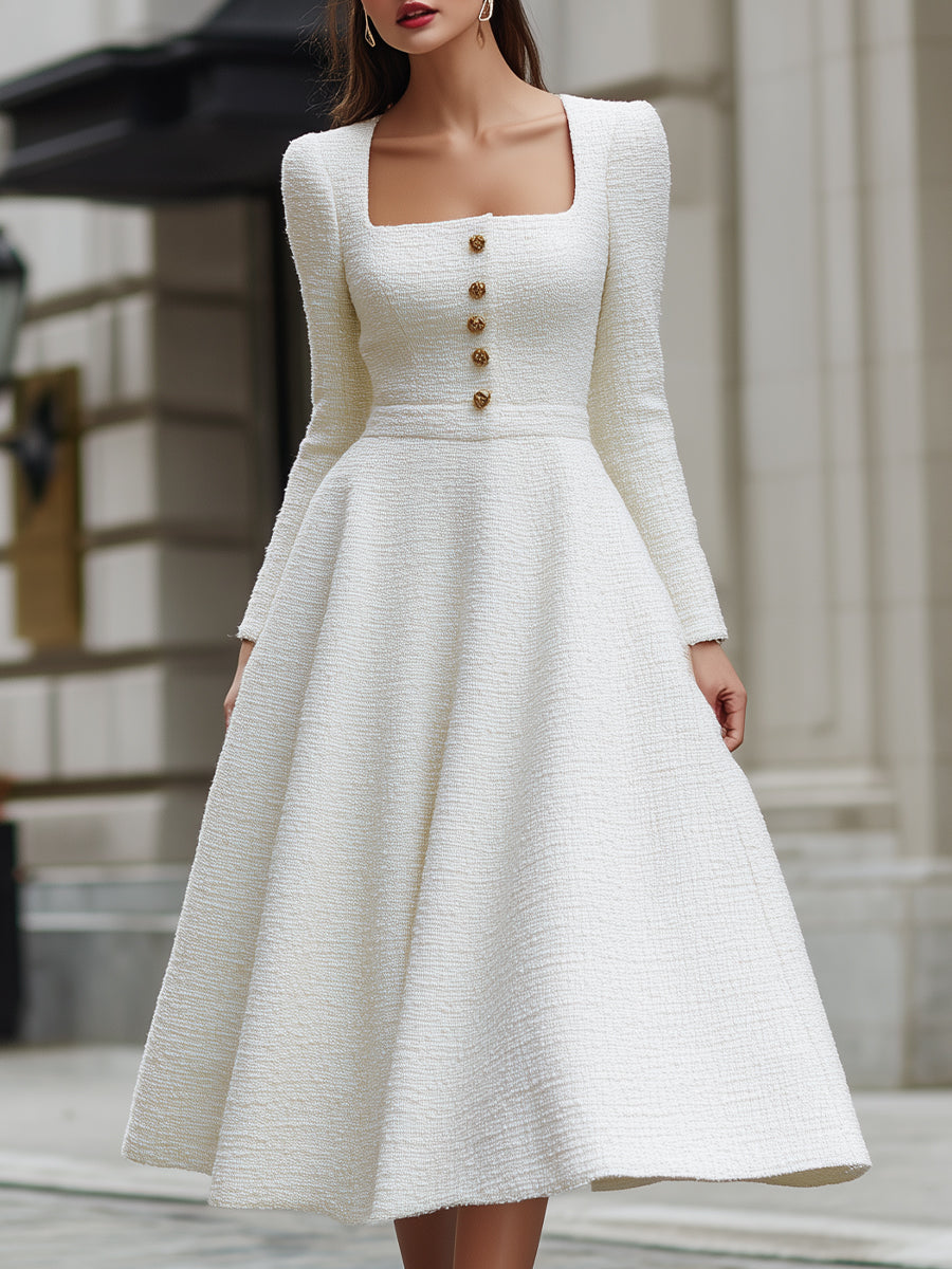 Ivory Tweed Square Neck Midi Dress