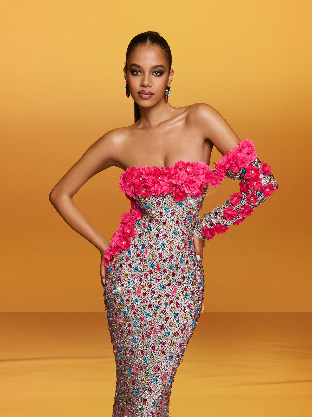 Alythia Off Shoulder Flower Crystal Maxi Dress