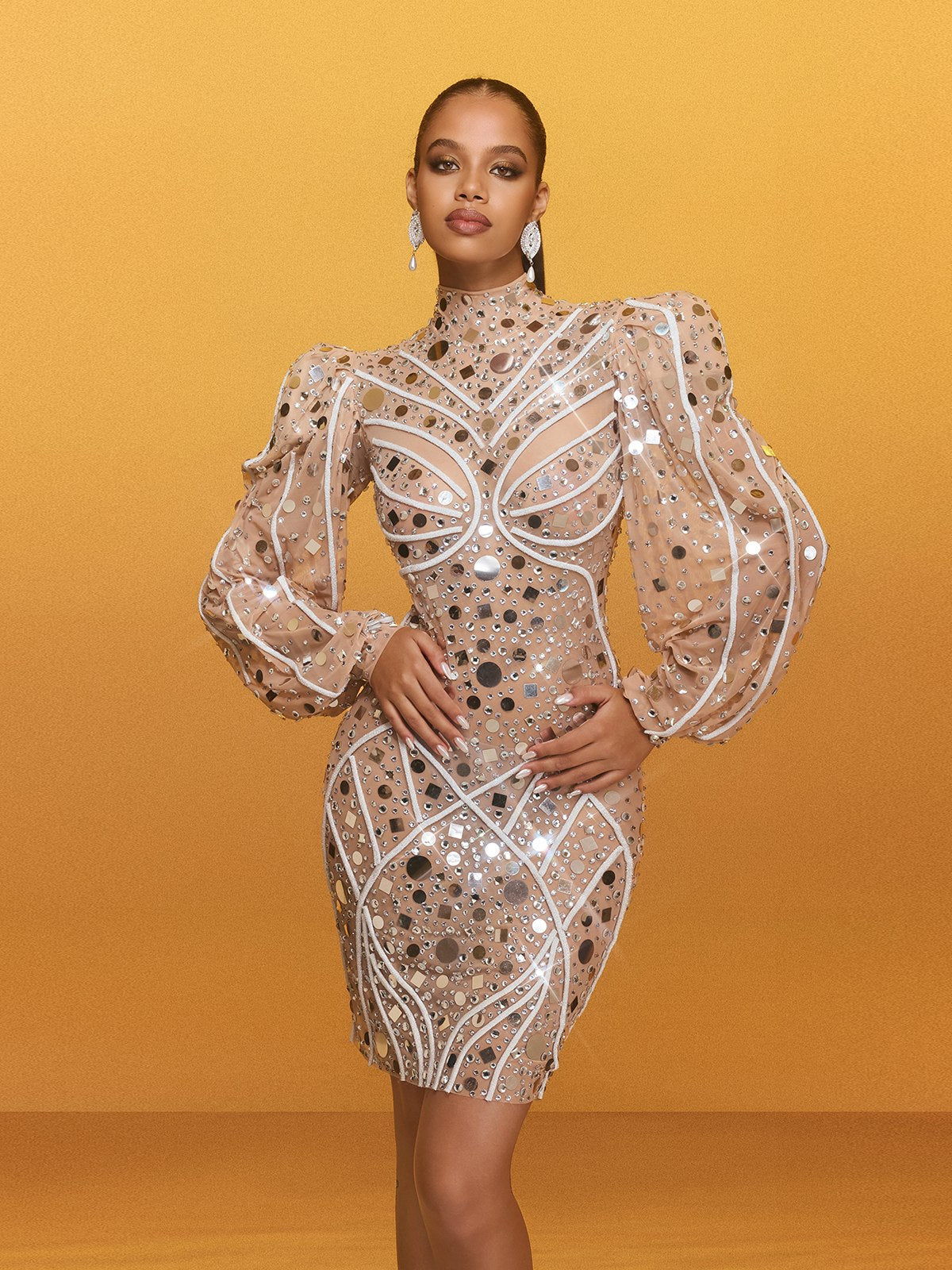 Zylar Long Sleeve Embellished Mini Dress