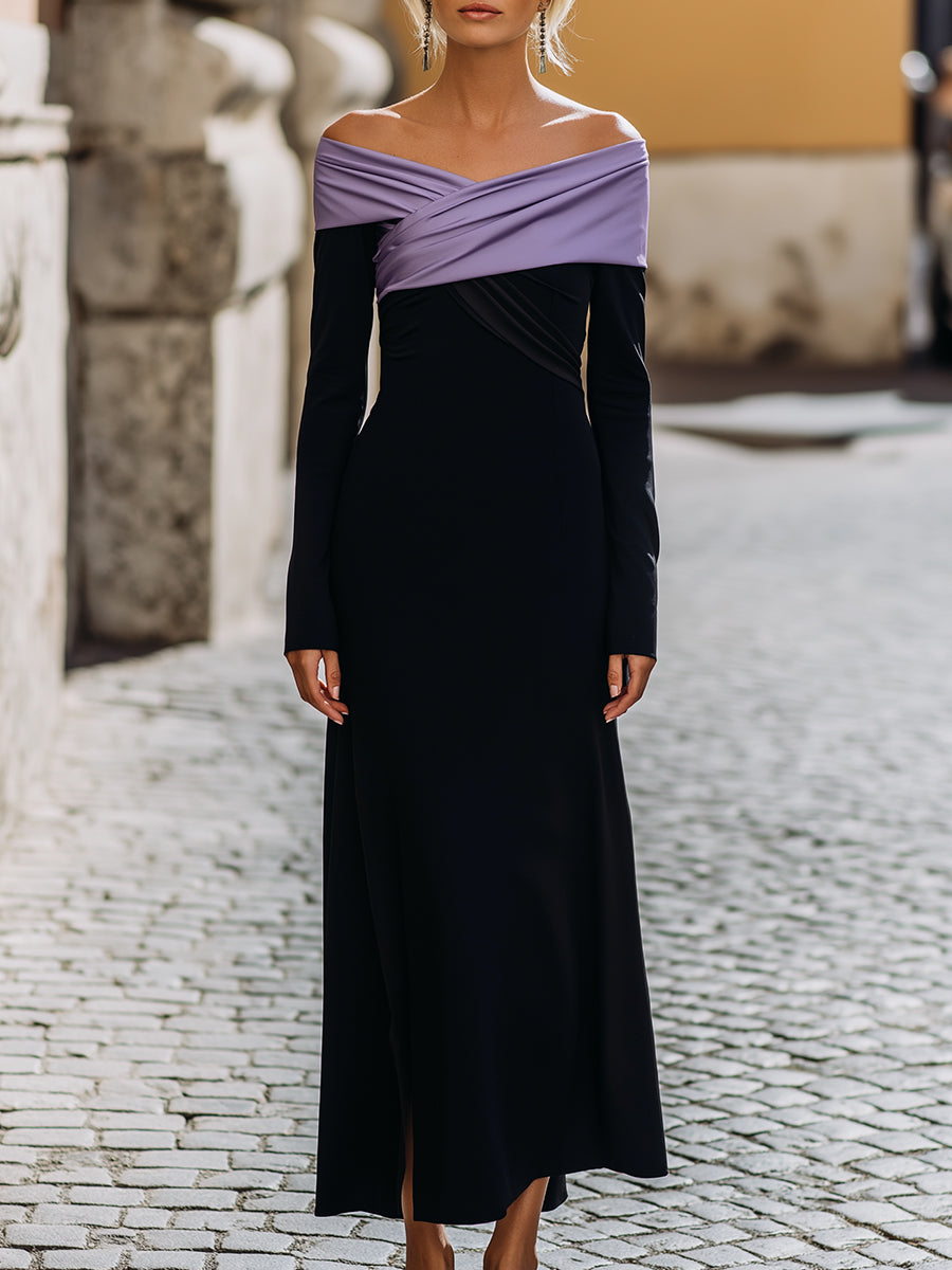 Midnight Noir Gown With Lilac Off-Shoulder Draping