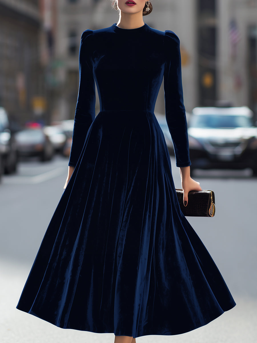 Luxurious Navy Blue Velvet Long-Sleeve Midi Dress