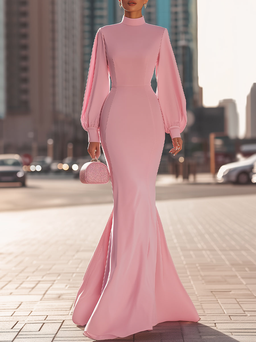 Elegant Blush Pink High-Neck Mermaid Gown With Balloon Sleeves