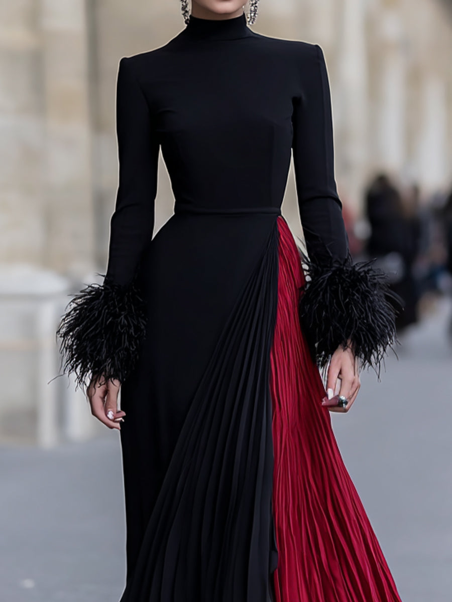 Black And Red Pleated Gown With Feather Cuff Details