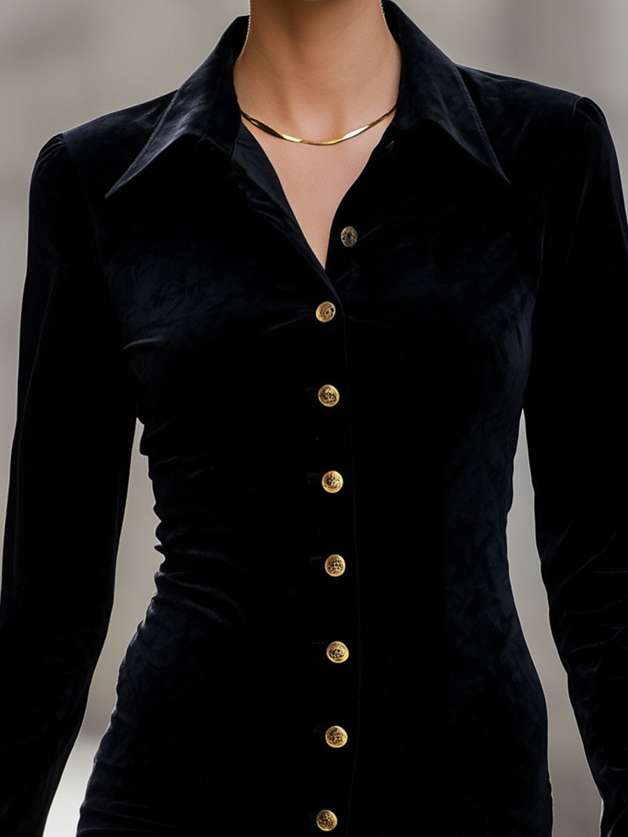Velvet Gold-Button Shirt Dress