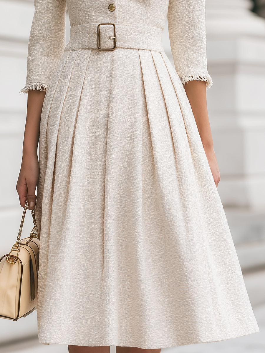 Tweed Belted Midi Dress With Fringed Trim