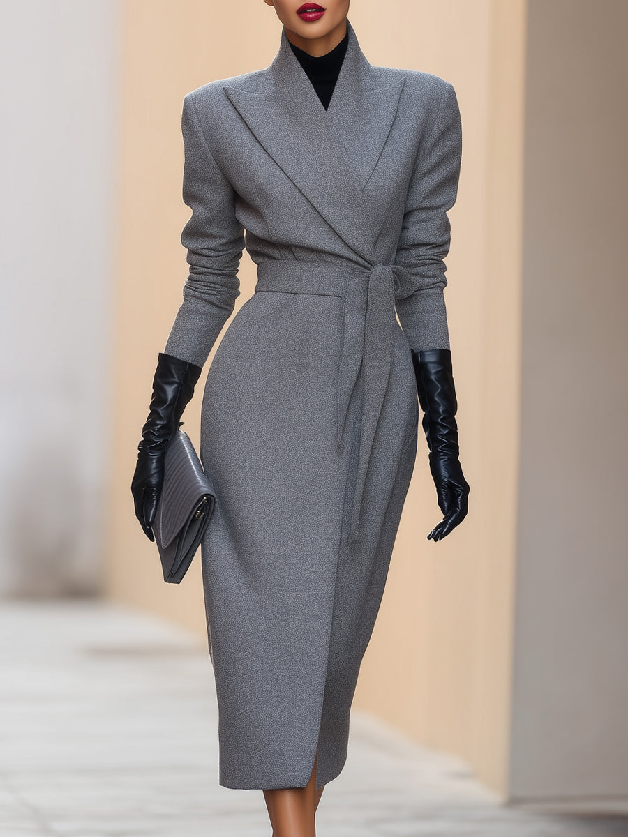 Elegant Grey Belted Wrap Dress
